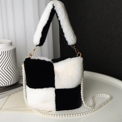 Checkerboard Plush Bag With Pearl Chain