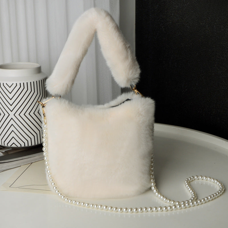 Checkerboard Plush Bag With Pearl Chain