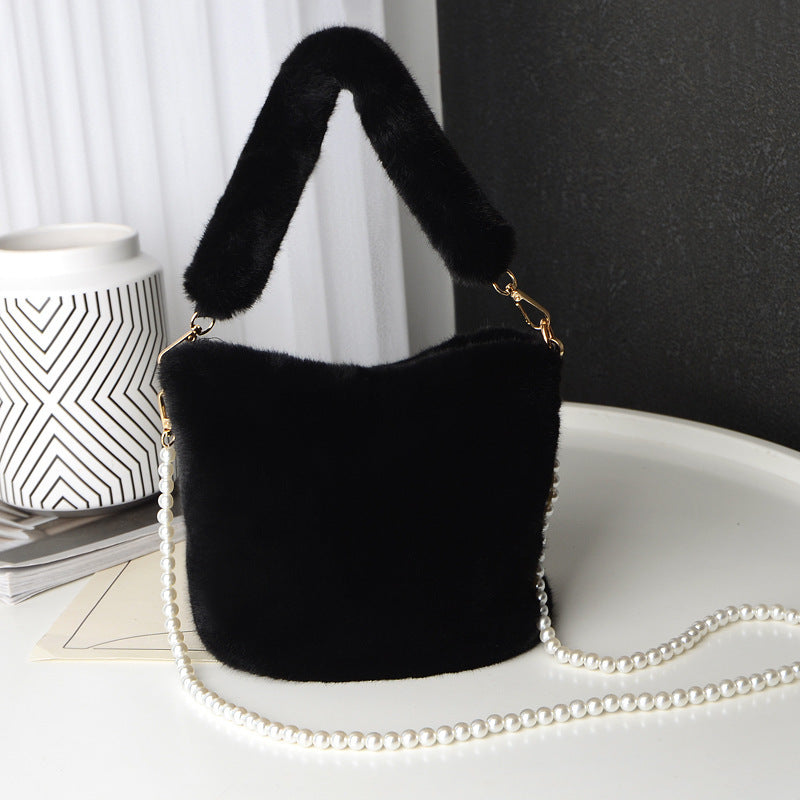 Checkerboard Plush Bag With Pearl Chain