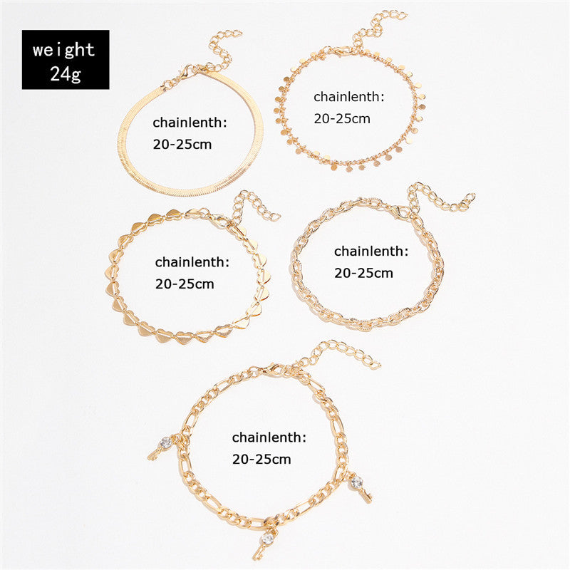 5 Pcs Gold Color Heart Crystal Key Anklets