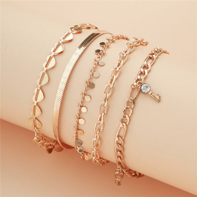 5 Pcs Gold Color Heart Crystal Key Anklets