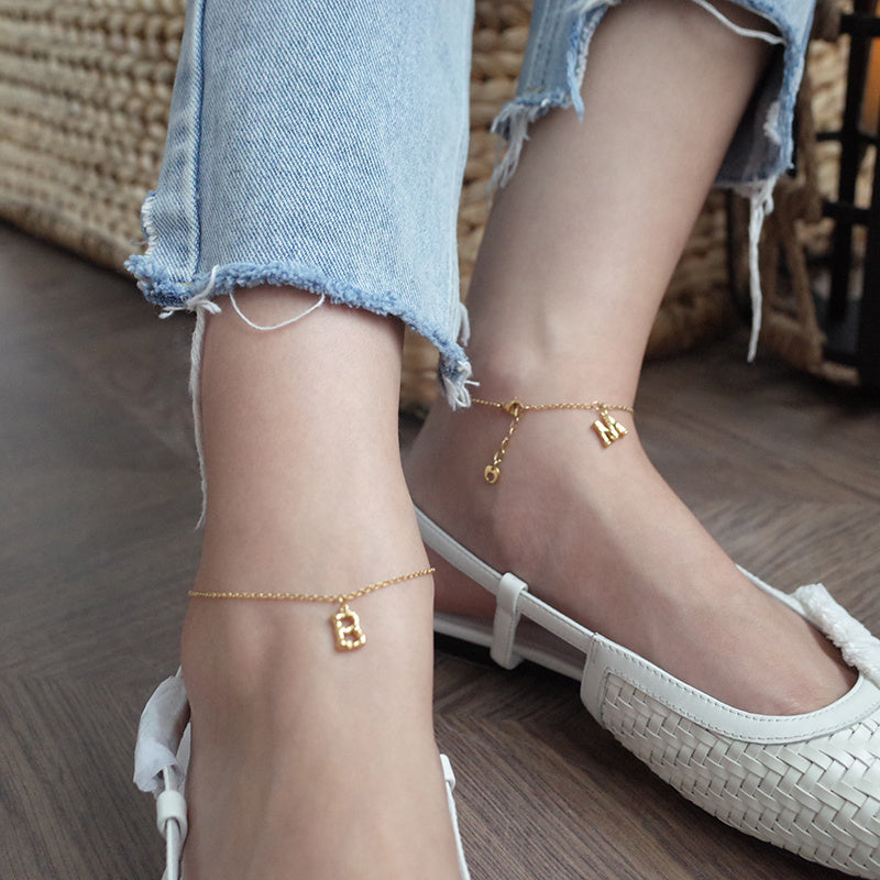 14K Gold-plated Bamboo Letter Anklets