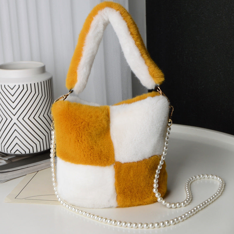 Checkerboard Plush Bag With Pearl Chain