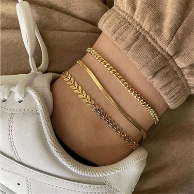 Retro Metal Texture Chain Leaves Anklets