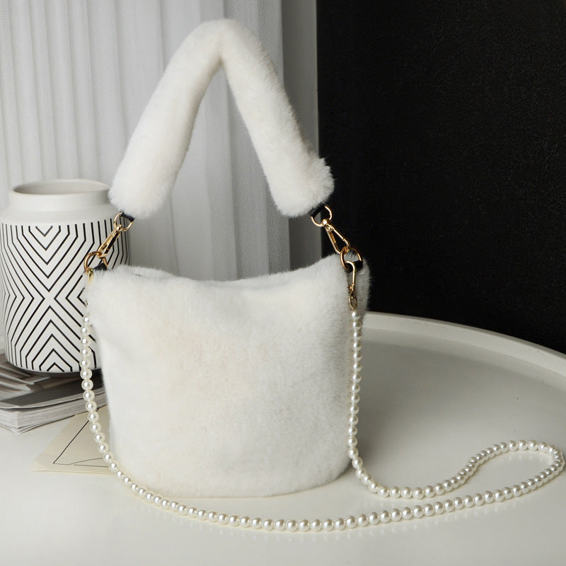 Checkerboard Plush Bag With Pearl Chain