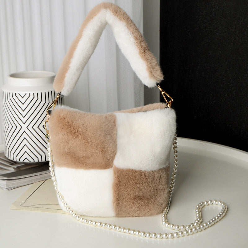 Checkerboard Plush Bag With Pearl Chain