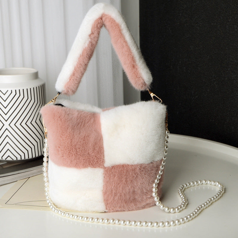 Checkerboard Plush Bag With Pearl Chain