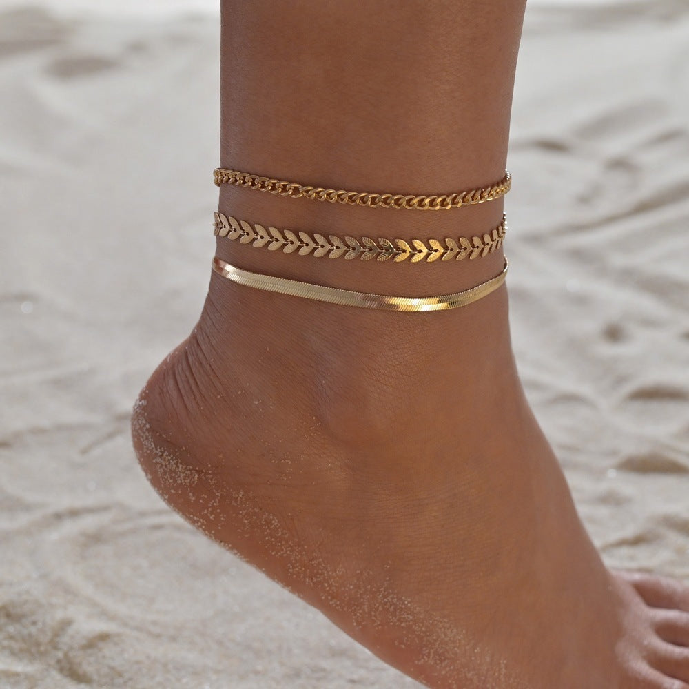 Retro Metal Texture Chain Leaves Anklets