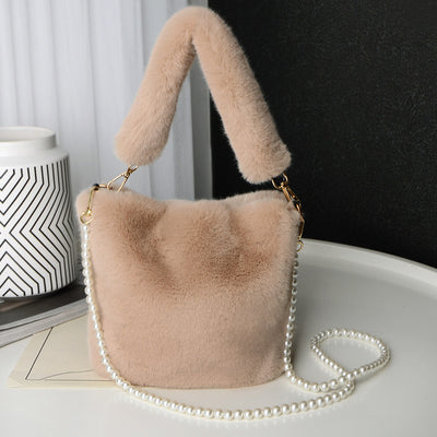 Checkerboard Plush Bag With Pearl Chain