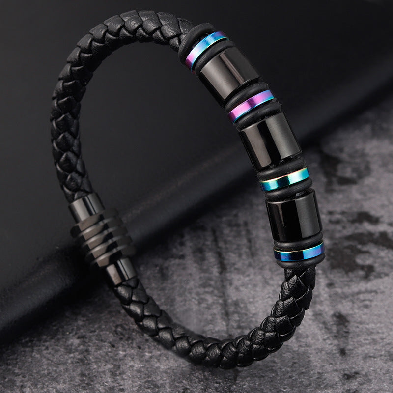 Mens Leather Titanium Steel Bracelet